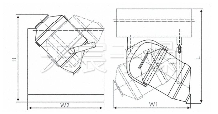 三維運(yùn)動(dòng)混合機(jī)結(jié)構(gòu)示意圖